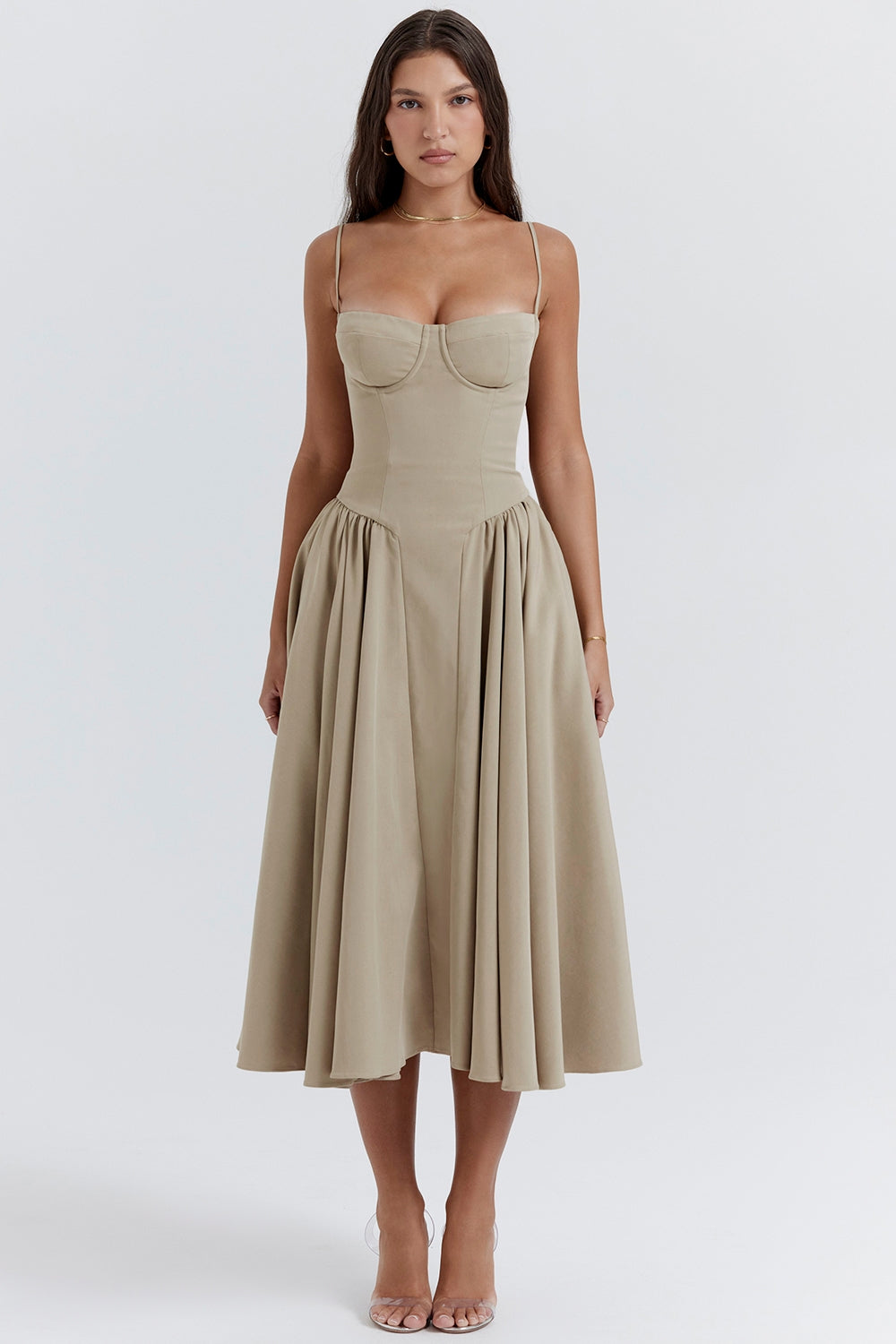 Solène – Vestido Midi com Corset em Sarja