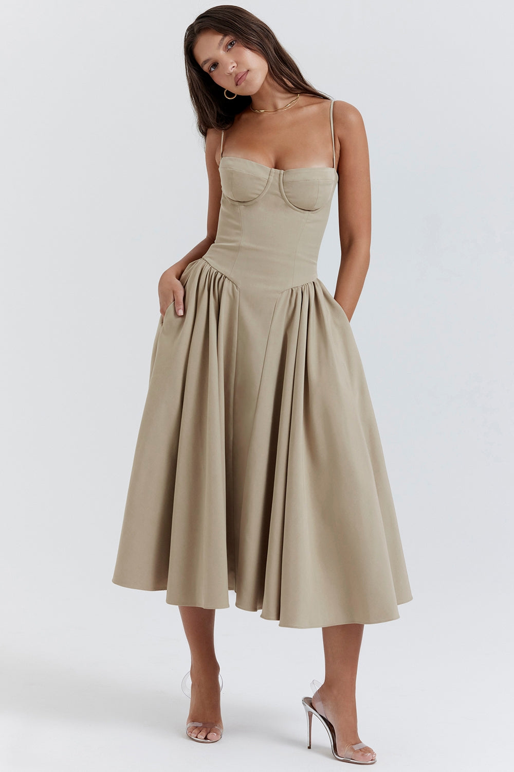 Solène – Vestido Midi com Corset em Sarja