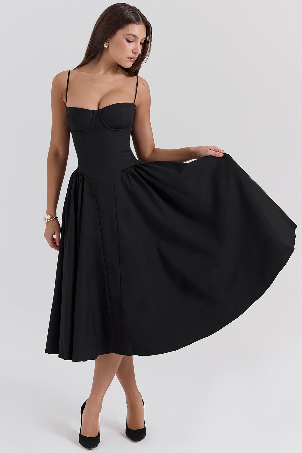 Solène – Vestido Midi com Corset em Sarja